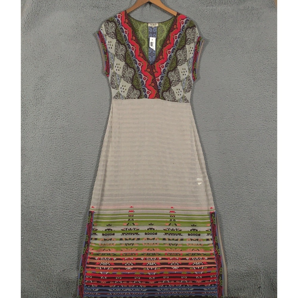 IVKO Ornament Pattern Maxi Dress Womens 40 Large L Multi Knit Boho V-Neck Slit